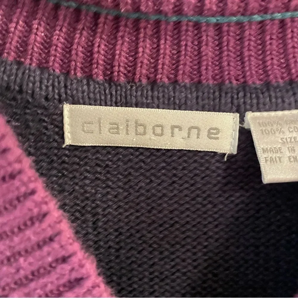 Vintage 90’s Claiborne Men’s V-neck Knit Navy Purple Green Sweater Size Medium